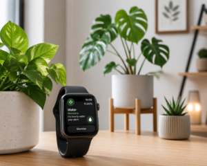 Smartwatch displaying a plant watering reminder placed on a table beside lush indoor plants in a modern minimalist home.