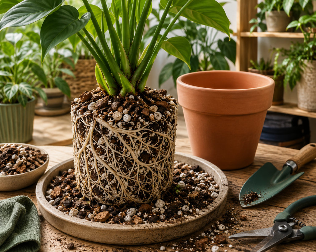 Indoor plant repotting with chunky soil mix and healthy roots.