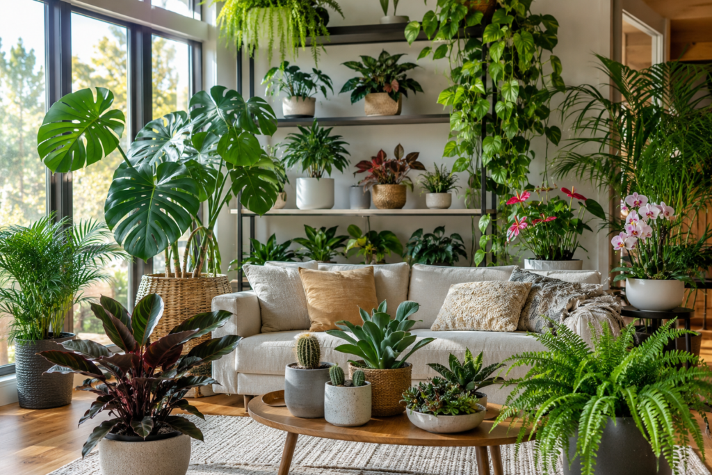 Indoor plants in a bright modern living room