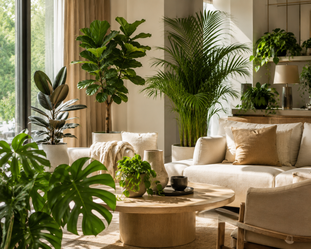 Decorative indoor plants in a modern luxury living room