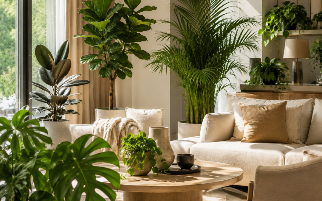 Decorative indoor plants in a modern luxury living room