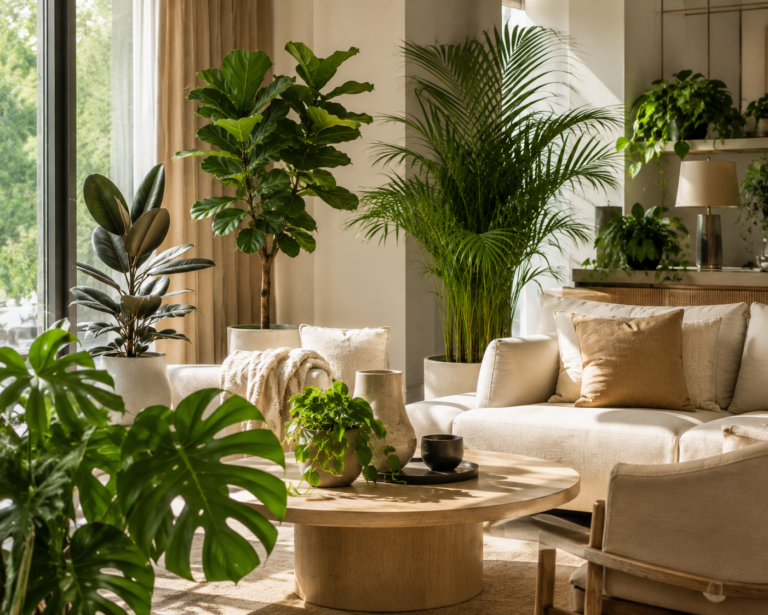 Decorative indoor plants in a modern luxury living room