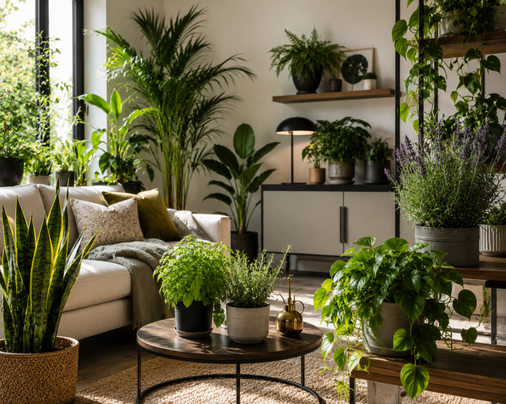 Functional indoor plants in a modern living room