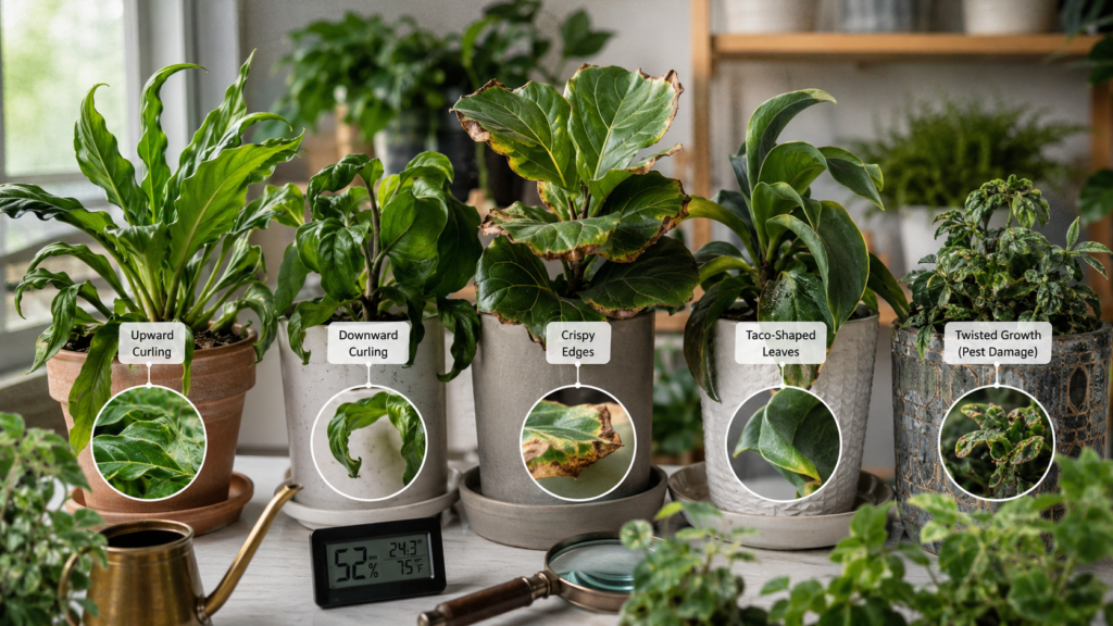 Houseplants showing different leaf curling symptoms and damage