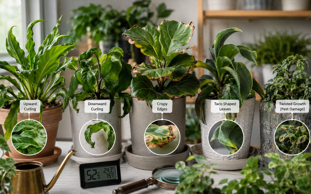 Houseplants showing different leaf curling symptoms and damage