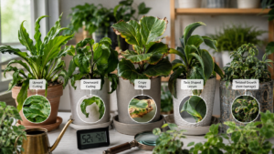 Houseplants showing different leaf curling symptoms and damage
