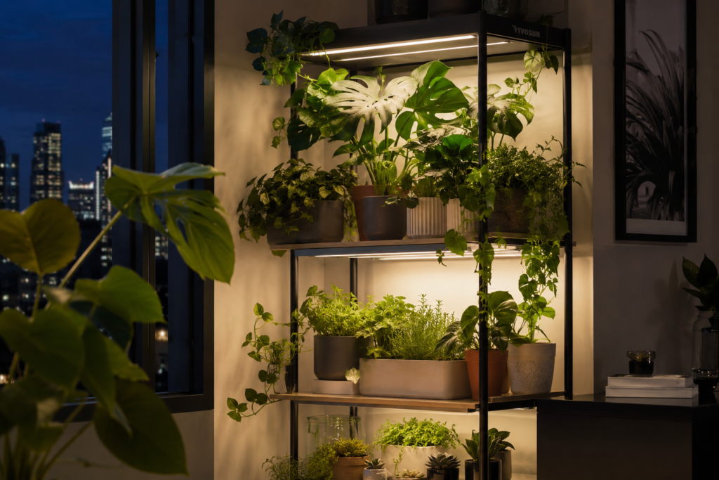 Indoor plants under grow lights on a shelf at night.