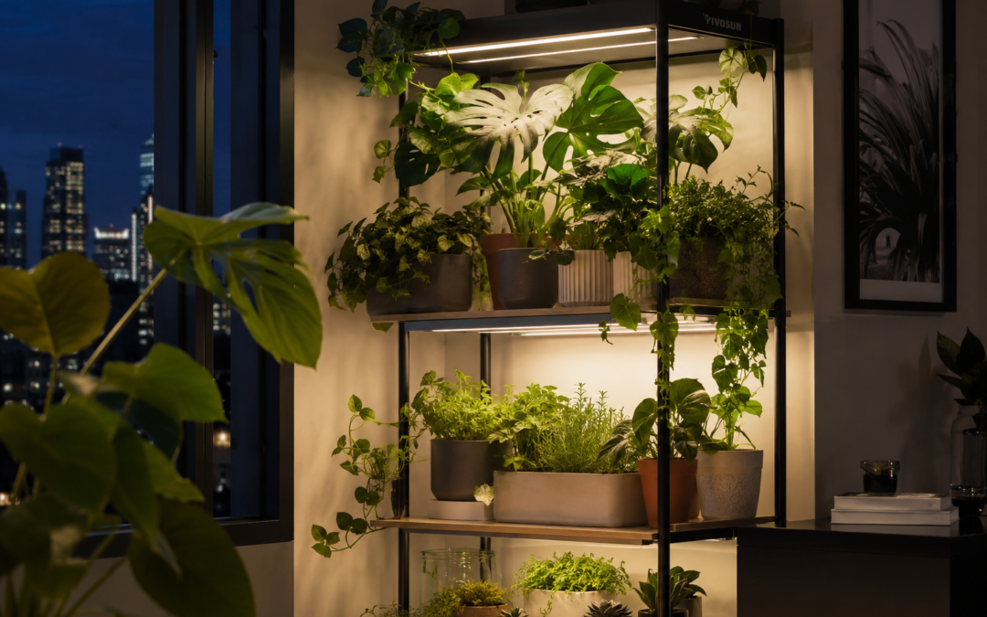 Indoor plants under grow lights on a shelf at night.