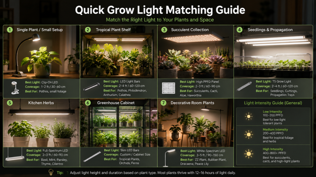 Infographic showing ideal grow lights for pothos, herbs, succulents, seedlings, and indoor plant shelves.
