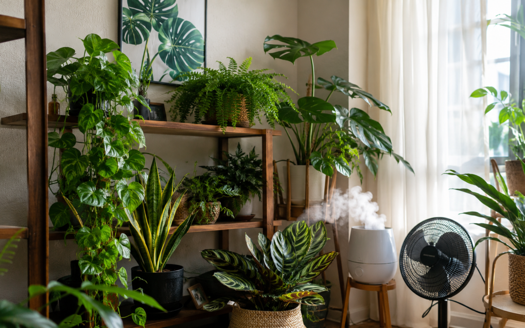 Indoor plants on modern shelves with humidifier mist and soft summer sunlight.