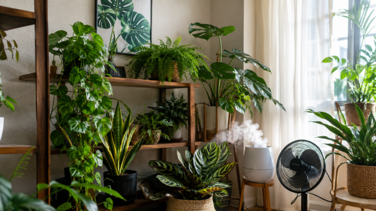 Indoor plants on modern shelves with humidifier mist and soft summer sunlight.