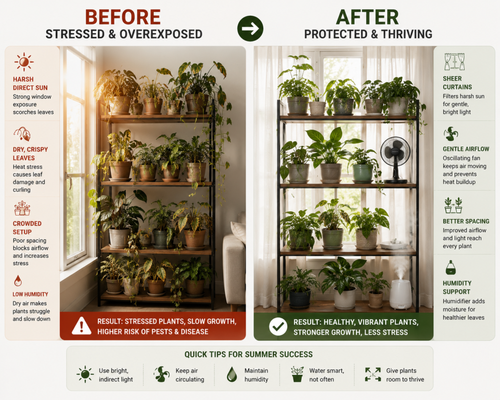 Before vs after indoor plant shelf setup with improved airflow, humidity, and filtered light.
