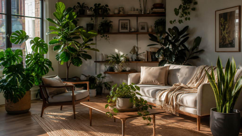 Luxury living room with monstera, fiddle leaf fig, snake plant, pothos, and rubber plant in modern Scandinavian decor.