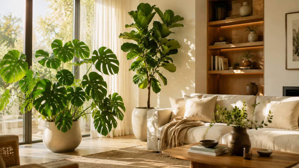 Luxury living room with fiddle leaf fig and oversized monstera in elegant ceramic planters.
