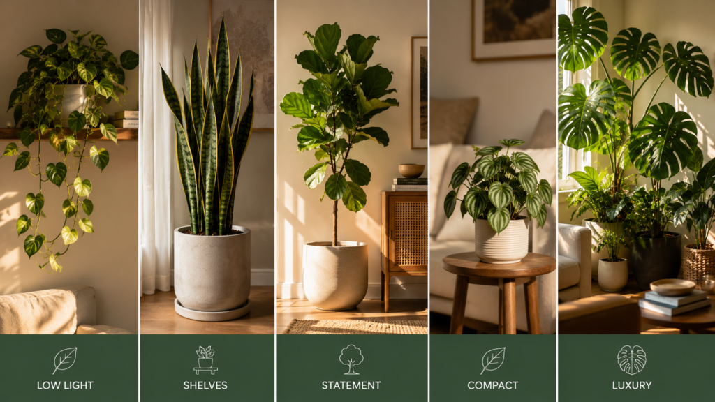 Decor-goal comparison collage with pothos, snake plant, fiddle leaf fig, peperomia, and monstera indoor setups.
