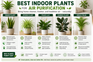 Best indoor plants for air purification, featuring Snake Plant, Spider Plant, Peace Lily, Rubber Plant, and Areca Palm.