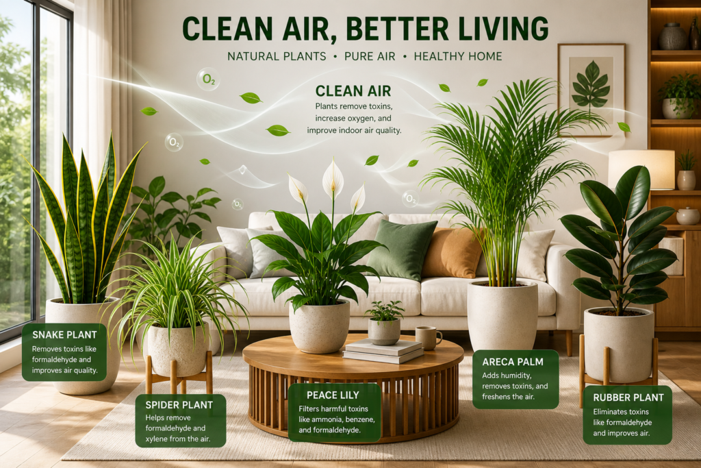 Modern living room with air-purifying indoor plants like Snake Plant, Spider Plant, Peace Lily, Areca Palm, and Rubber Plant arranged in stylish pots.