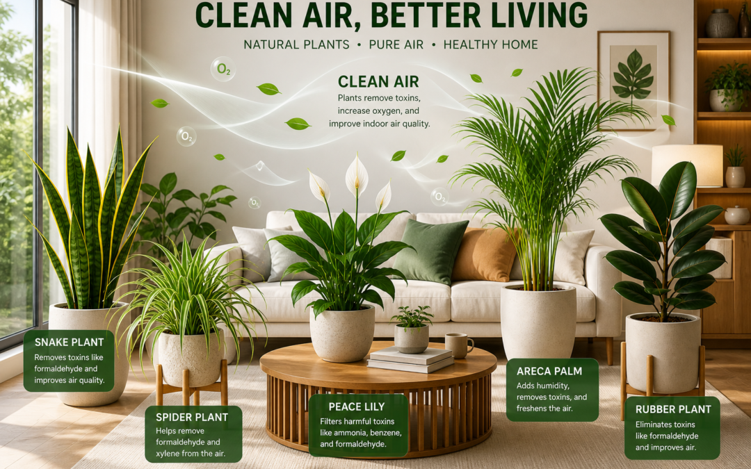 Modern living room with air-purifying indoor plants like Snake Plant, Spider Plant, Peace Lily, Areca Palm, and Rubber Plant arranged in stylish pots.