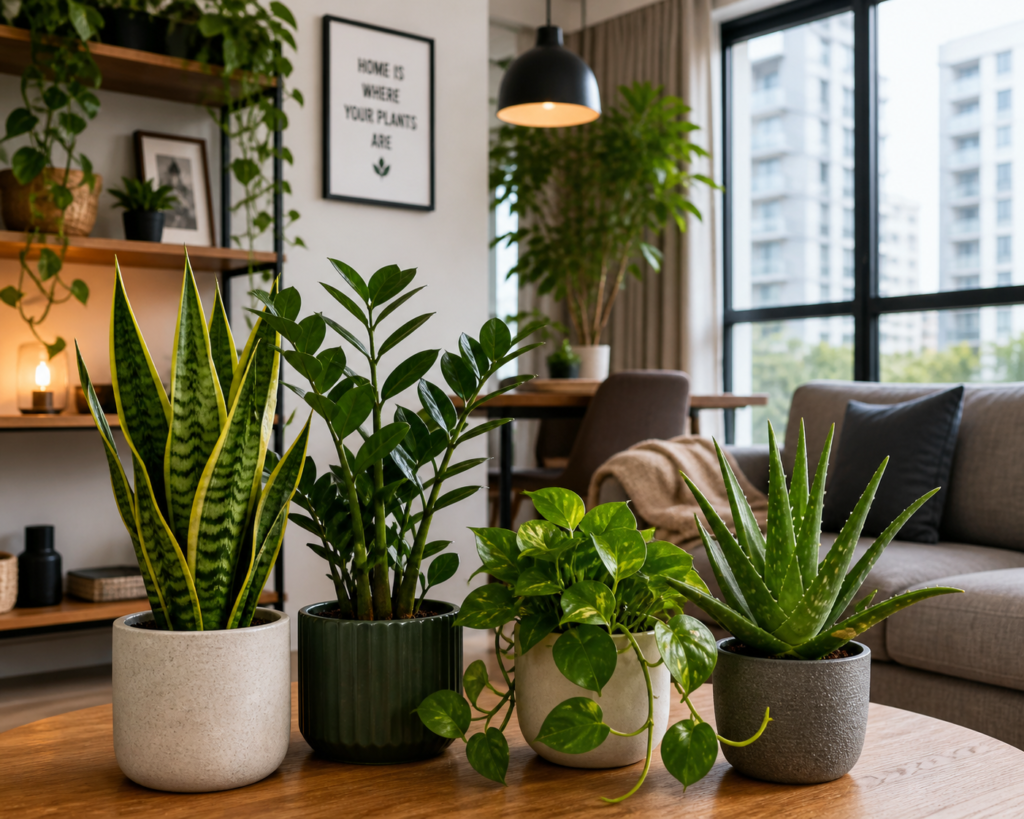 Modern apartment with snake plant, ZZ plant, pothos, and aloe vera in stylish indoor pots.