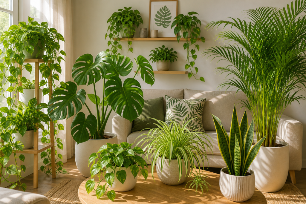 Modern living room styled with fast-growing indoor plants like pothos, monstera, snake plant, spider plant, and areca palm in decorative pots with natural sunlight.