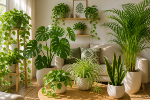 Modern living room styled with fast-growing indoor plants like pothos, monstera, snake plant, spider plant, and areca palm in decorative pots with natural sunlight.