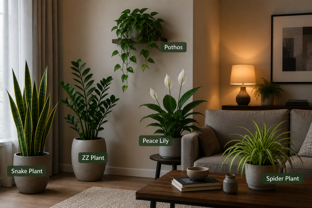 Modern indoor living room with snake plant, ZZ plant, pothos, peace lily, and spider plant placed in shaded corners under soft ambient light.