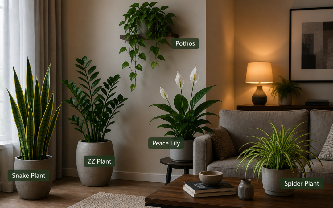 Modern indoor living room with snake plant, ZZ plant, pothos, peace lily, and spider plant placed in shaded corners under soft ambient light.