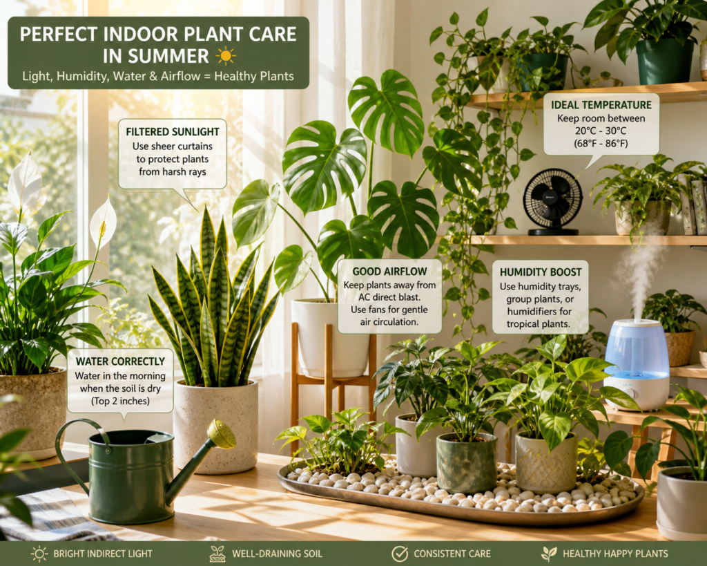 Healthy indoor plants in a bright summer room with filtered sunlight, humidity trays, and airflow support for proper care and hydration.