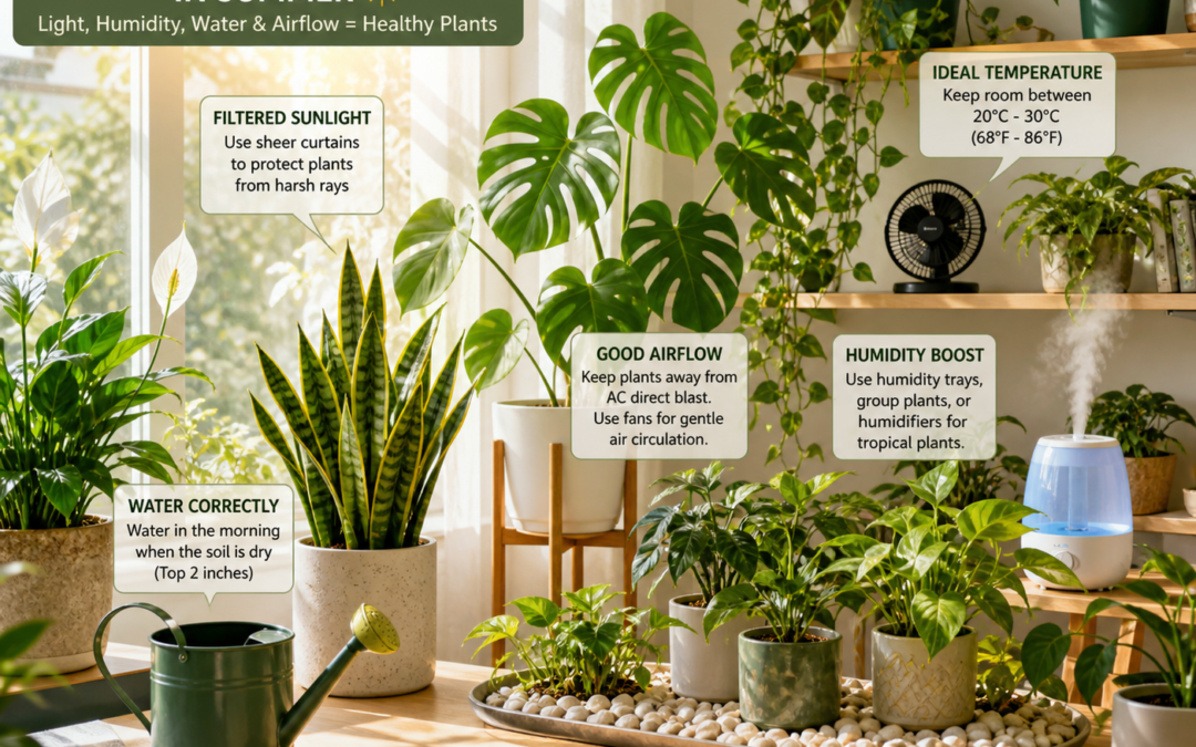 Healthy indoor plants in a bright summer room with filtered sunlight, humidity trays, and airflow support for proper care and hydration.