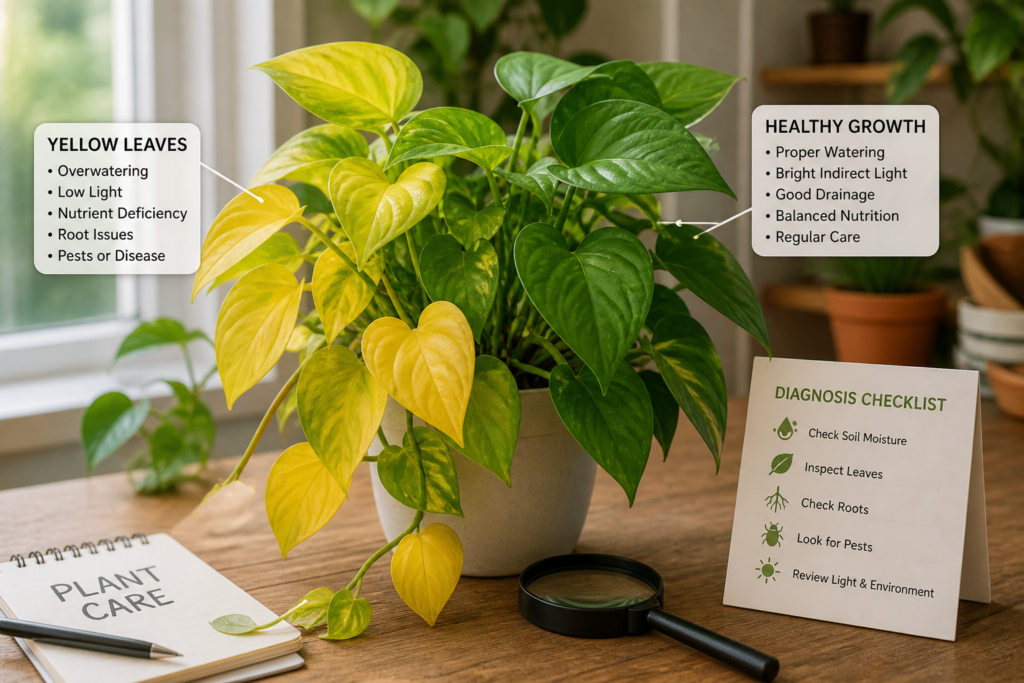 Indoor houseplant showing yellowing leaves beside healthy green foliage, illustrating common plant stress signs and leaf health comparison in a natural home setting.