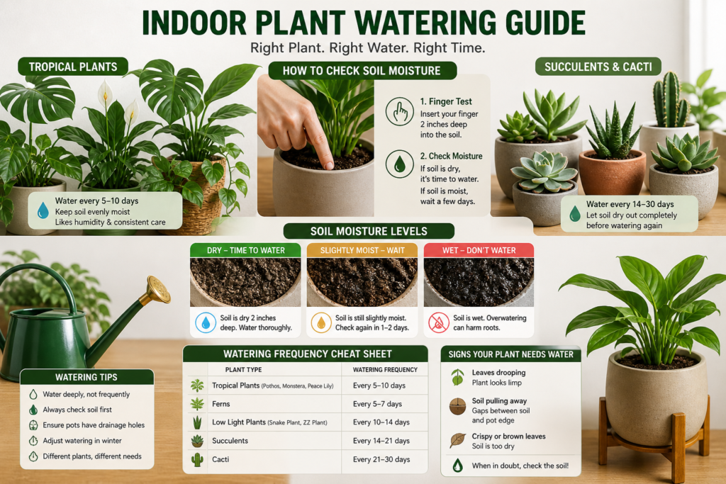 Indoor plant watering guide showing tropical plants and succulents with a finger soil moisture test and watering can for proper watering timing.