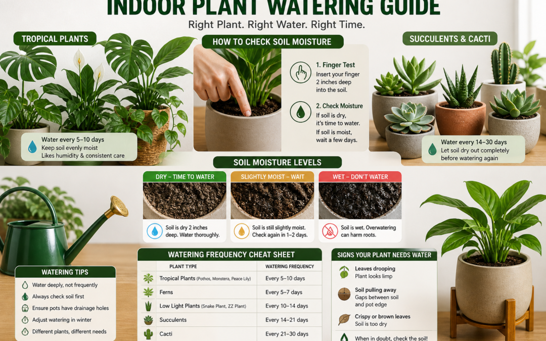 Indoor plant watering guide showing tropical plants and succulents with a finger soil moisture test and watering can for proper watering timing.