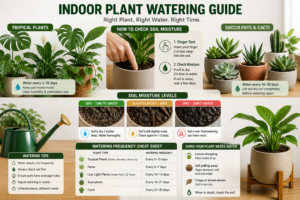 Indoor plant watering guide showing tropical plants and succulents with a finger soil moisture test and watering can for proper watering timing.