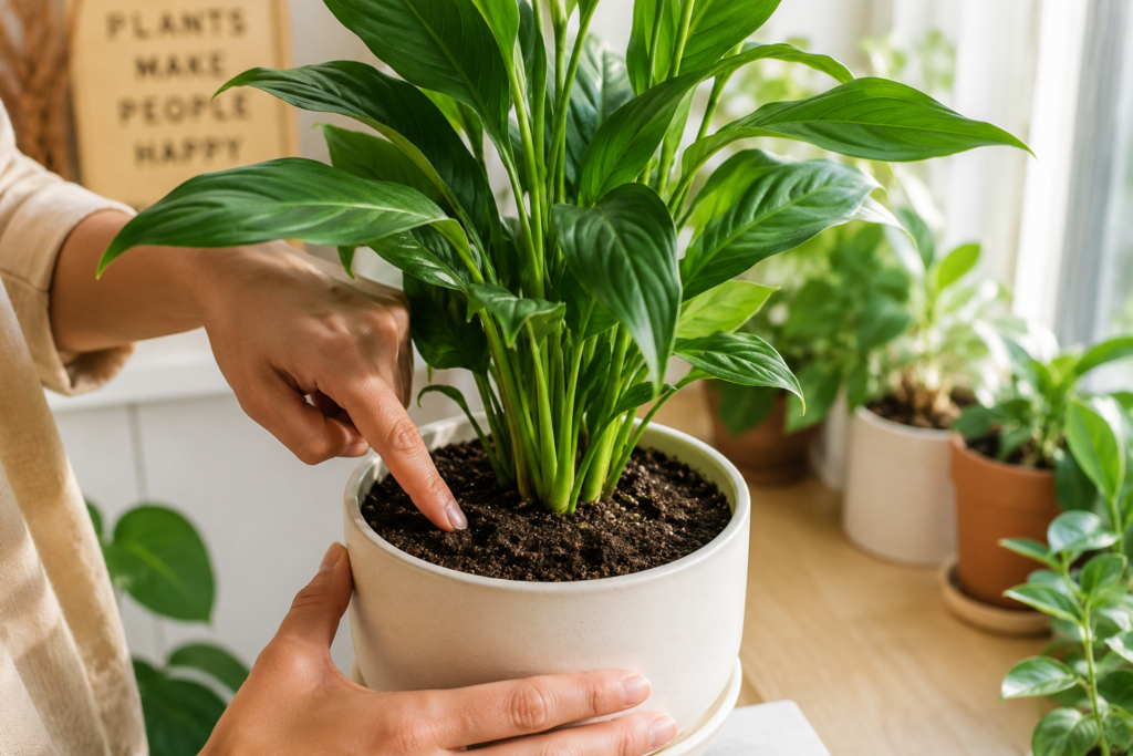 Person checking soil moisture of a healthy indoor plant with finger in natural light.