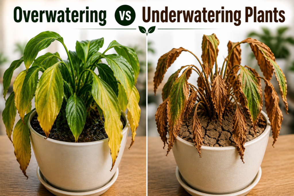 Overwatering vs underwatering plants comparison showing yellow leaves and wet soil vs dry soil and crispy leaves