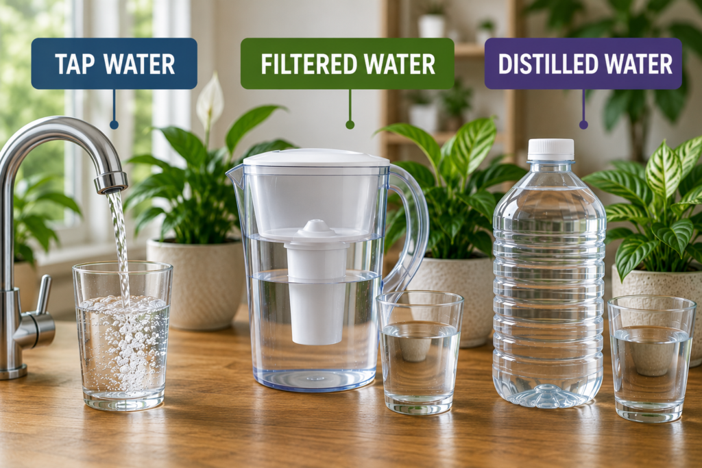 Tap, filtered, and distilled water options beside houseplants for plant watering comparison.