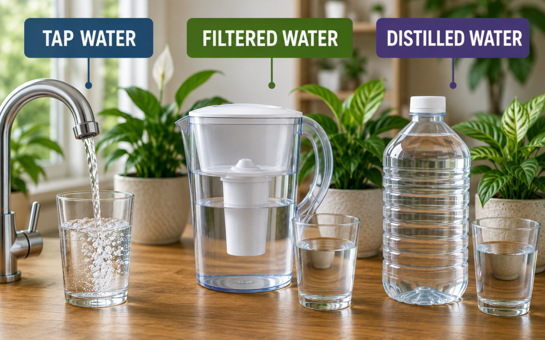 Tap, filtered, and distilled water options beside houseplants for plant watering comparison.