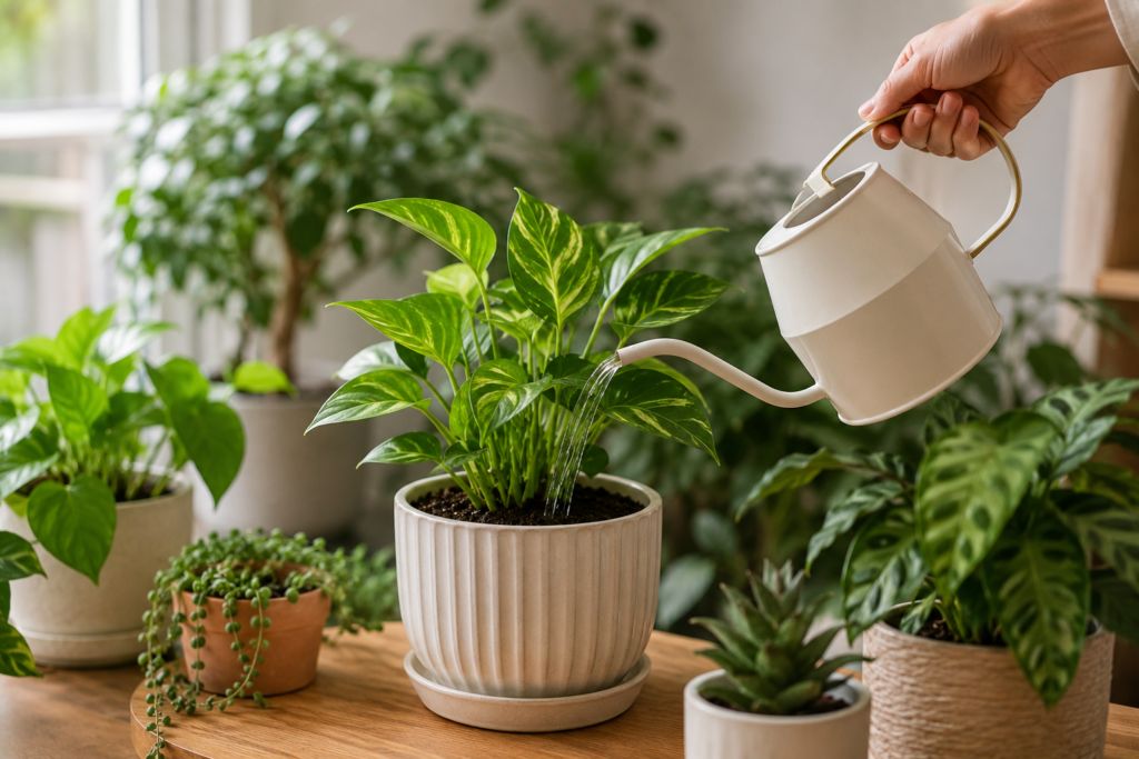 **Alt text:** Watering indoor houseplants indoors.