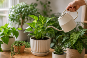 **Alt text:** Watering indoor houseplants indoors.
