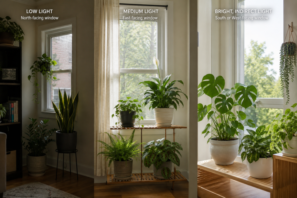 Indoor plants by windows in low, medium, and bright indirect light zones.