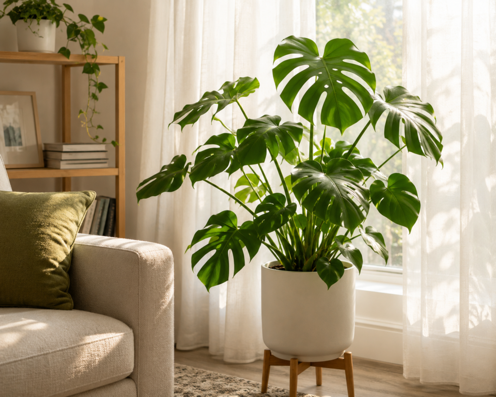 Healthy tropical plant in bright indirect window light.