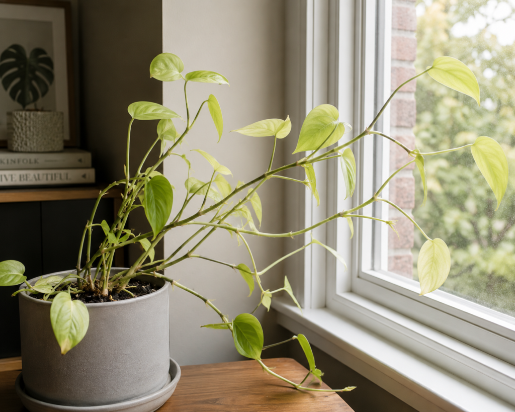 Leggy houseplant with pale leaves leaning toward window light.