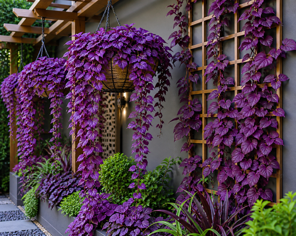 Purple leaf vines cascading from hanging baskets and climbing wooden trellises in a modern garden.