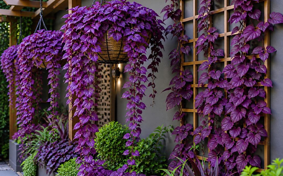 Purple leaf vines cascading from hanging baskets and climbing wooden trellises in a modern garden.