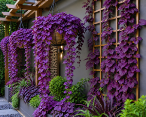 Purple leaf vines cascading from hanging baskets and climbing wooden trellises in a modern garden.