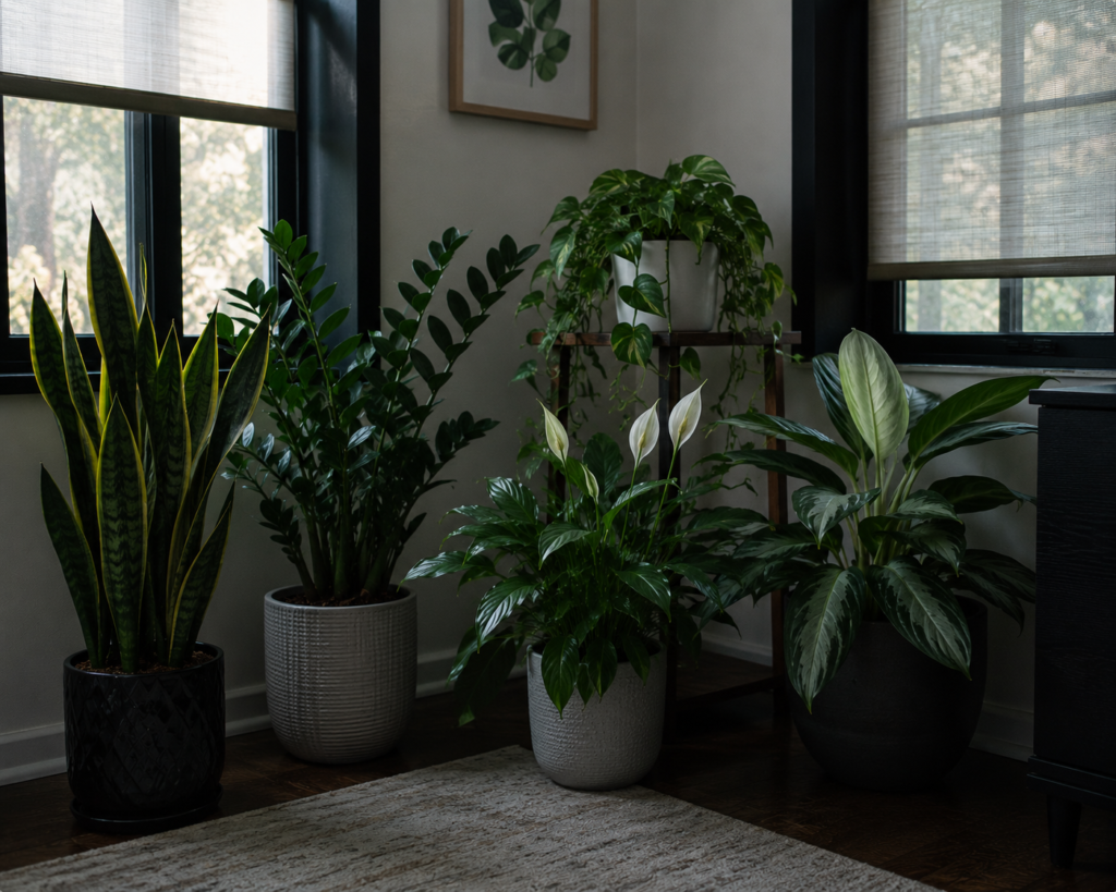 Low-light indoor plants near shaded windows in a dim room.