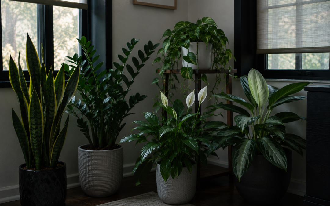 Low-light indoor plants near shaded windows in a dim room.