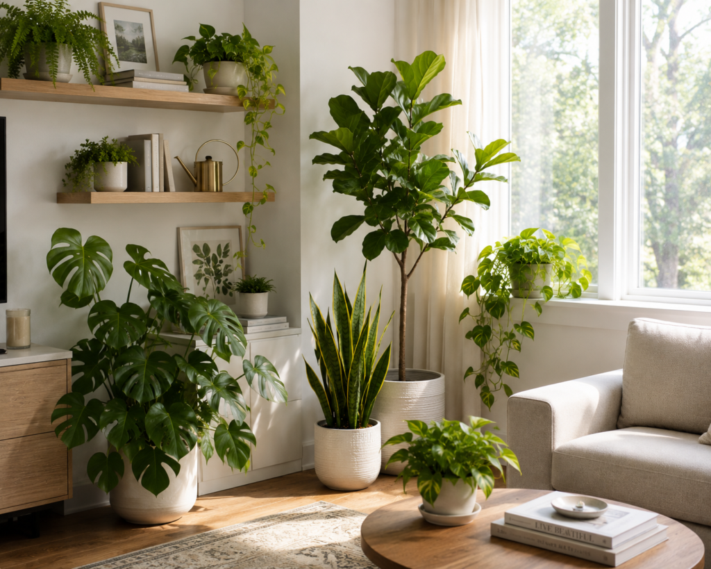Healthy indoor plants near bright window in a modern living room.