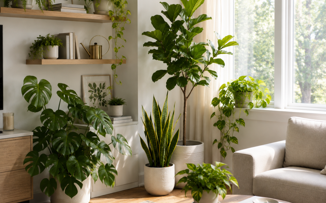 Healthy indoor plants near bright window in a modern living room.