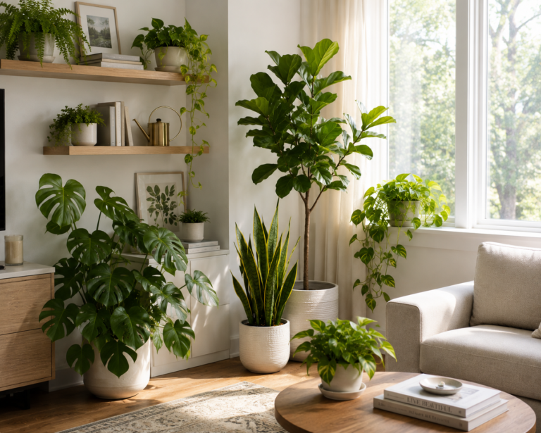 Healthy indoor plants near bright window in a modern living room.